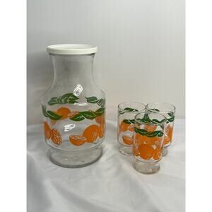 Vintage Anchor Hocking Orange Juice Carafe & 3 Glasses Set 1980s 6oz